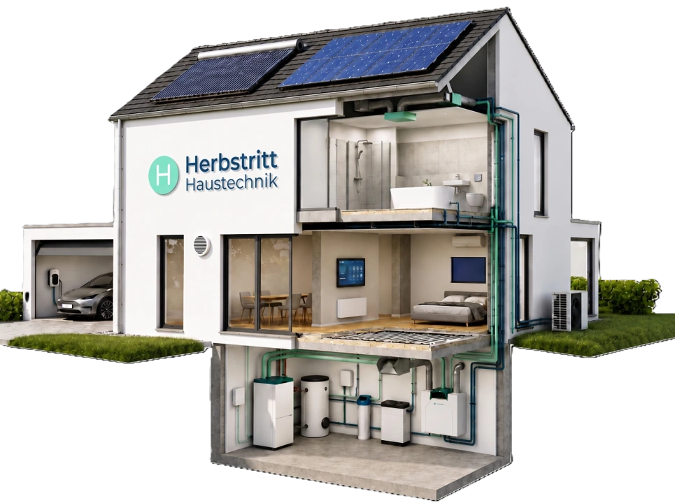 Schnittzeichnung eines Einfamilienhauses mit integrierter Herbstritt Haustechnik Gebäudetechnik: Heizung, Lüftung, Sanitär, Solar und E-Mobilität.